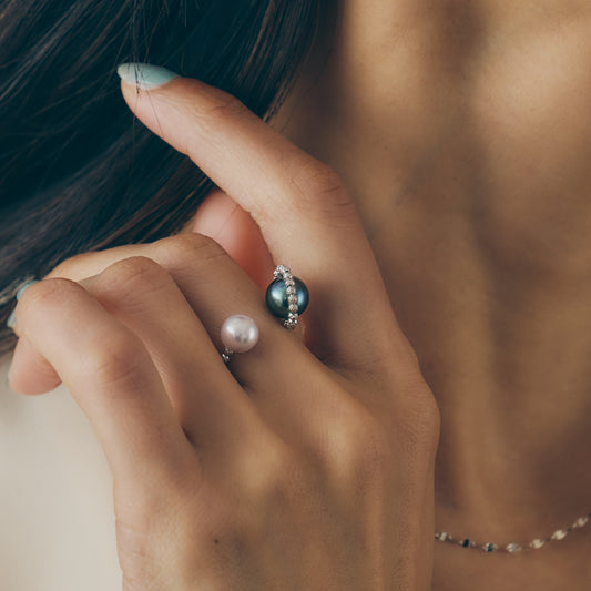 K18/Pt900 Double Pearl Free-Size Ring(8.5mm)＿K18/Pt900 ダブルパール フリーサイズリング