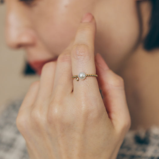 K18 Free-Size Akoya Pearl & Diamond Ring(6.5mm, 0.05ct)＿K18 アコヤ真珠 ダイヤモンド フリーサイズリング