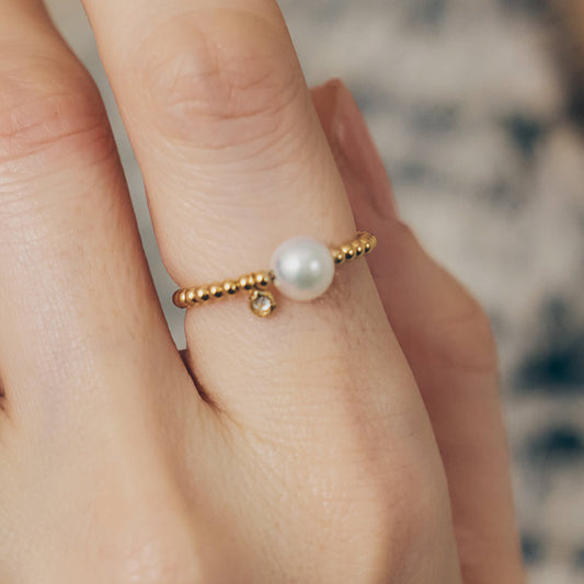 K18 Free-Size Akoya Pearl & Diamond Ring(6.5mm, 0.05ct)＿K18 アコヤ真珠 ダイヤモンド フリーサイズリング