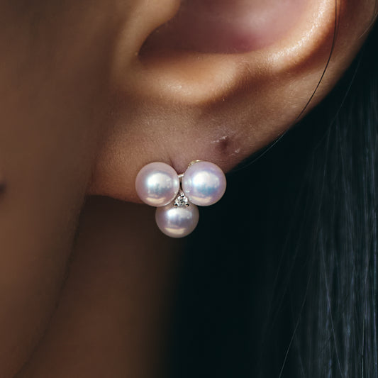 K18 Triple Akoya Pearl & Diamond Flower Earrings(5-5.5mm)＿K18 3珠アコヤ真珠 ダイヤモンドフラワーピアス