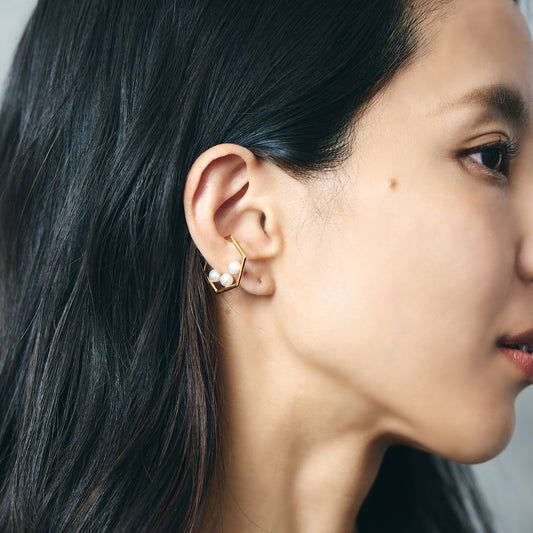 Akoya Pearl 4Stone hexagon Cuff(4.5-5mm)＿あこや真珠 4珠 六角形 イヤーカフ