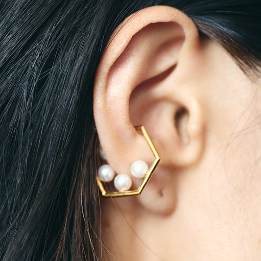 Akoya Pearl 4Stone hexagon Cuff(4.5-5mm)＿あこや真珠 4珠 六角形 イヤーカフ